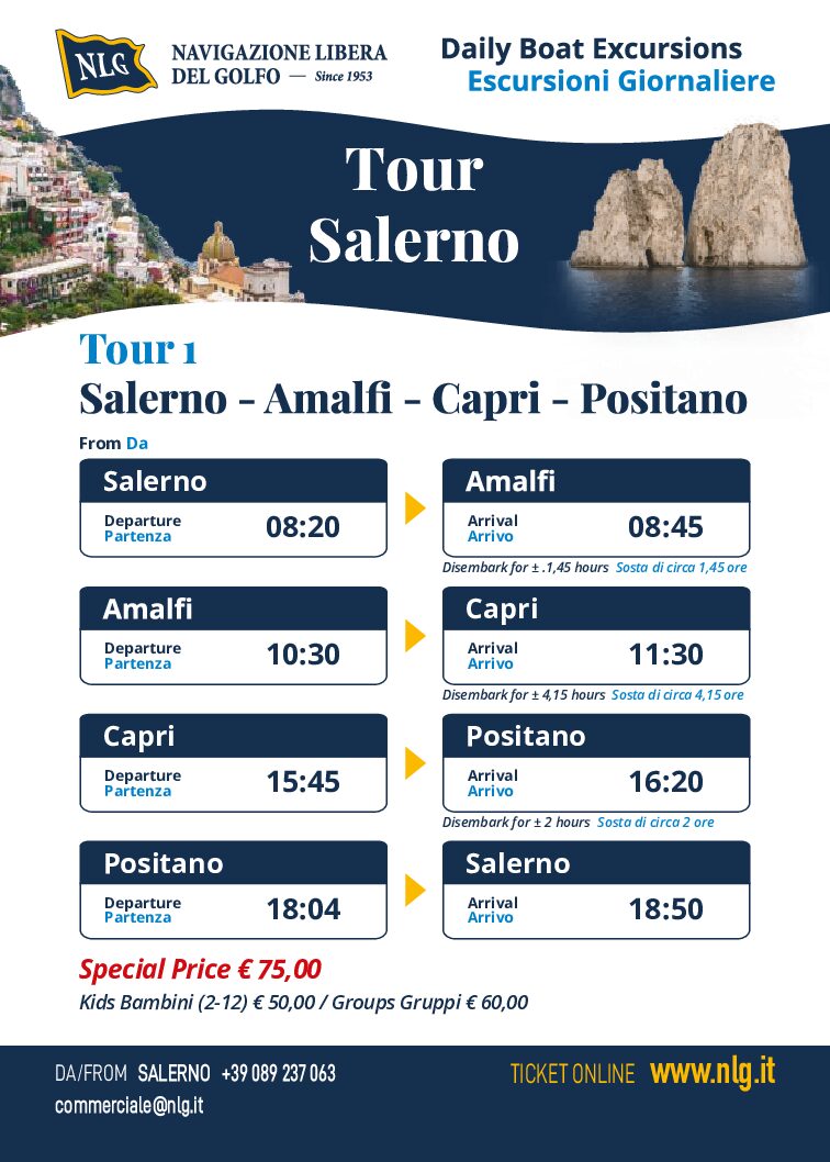 Tour (1/2) da Salerno (Molo Manfredi) per Amalfi , Positano e Capri